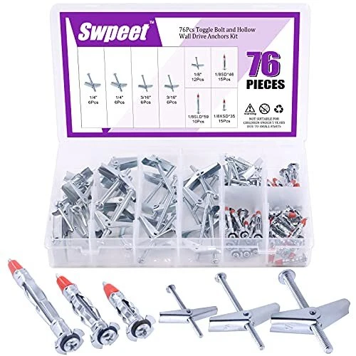 Swpeet 76Pcs Toggle Bolt and Wing Nut with 1/8 Inch Hollow Wall Drive Anchor ...