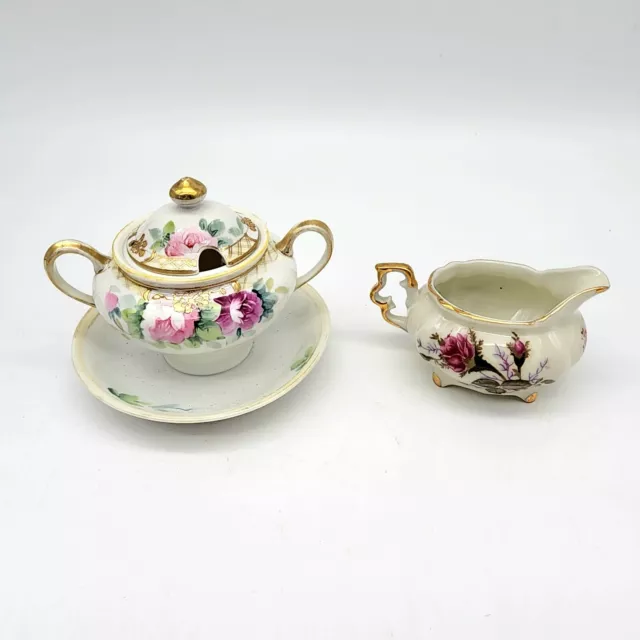 Vintage NIPPON Hand Painted Gold Encrusted Creamer and Rose Sugar Bowl with Lid