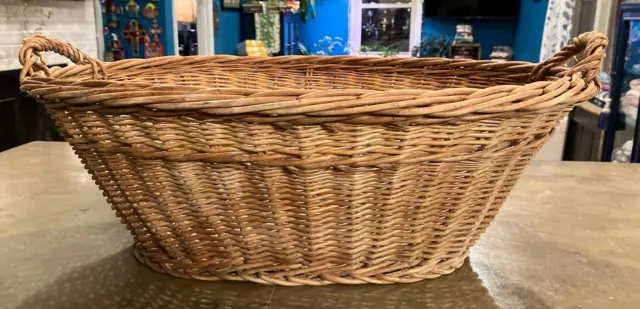 Large Primitive Wicker Wood Woven Laundry Basket 24”x18”x8” Deep Two Handles