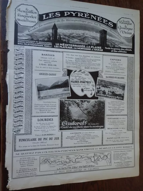 PYRENEES BAREGES CAPVERN BAGNERES CAUTERETS ARGELES pub papier ILLUSTRATION 1926
