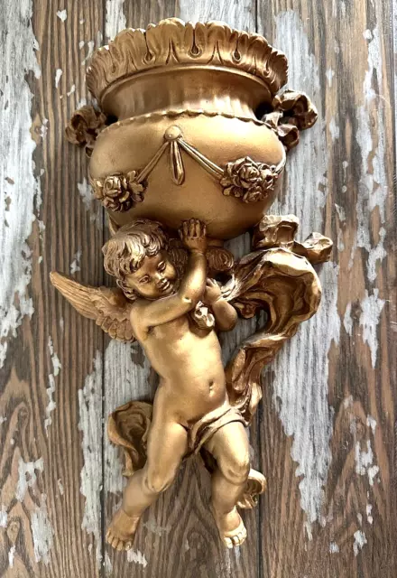 Homco Hollywood Regency Gold Cherub Angel MCM Floral Wall Pocket Vase Art VTG