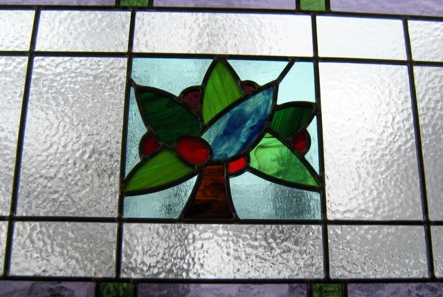 large leaded framed stained glass panel transom*antique wooden window decor art 6