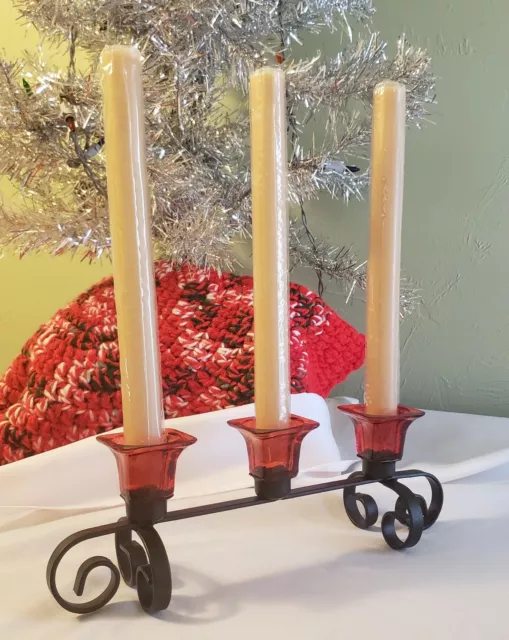 3 Candlestick Candelabra Wrought Iron Metal With  Red Glass Christmas Holiday