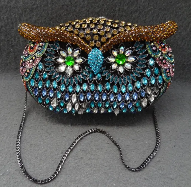 Magical Owl Eye DAMAGED Bejeweled Evening Clutch Purse Rhinestone Metal Chain