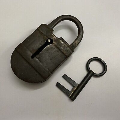 18th C Iron primitive padlock lock with key, old or antique, small sized.