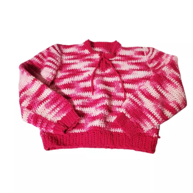 Vintage Girls Sweater PINK Handmade Crochet 4t-5t hot pink knit 1980s