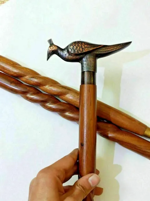 Brass Design Peacock Head Handle Vintage Antqiue Wooden Walking Stick Cane