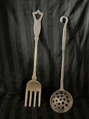 Vintage Cast Iron Kitchen Set Serving Fork & Slotted Spoon Wall Decor Taiwan