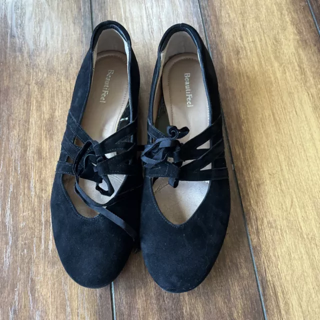 BeautiFeel Size 36 US 5.5 Black Leather Suede Flats Lace Up MINT!