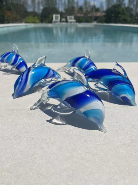 Hand Blown Art Glass Dolphin Figurine Paperweight Murano Style Blue White Swirl