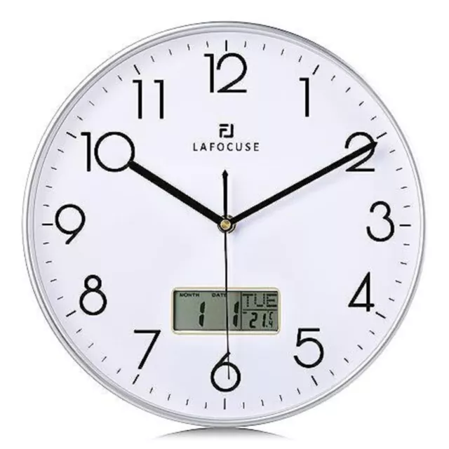 Clock 12" Silent Kitchen Wall Clock with Date and Day Temperature Silver Wall UK