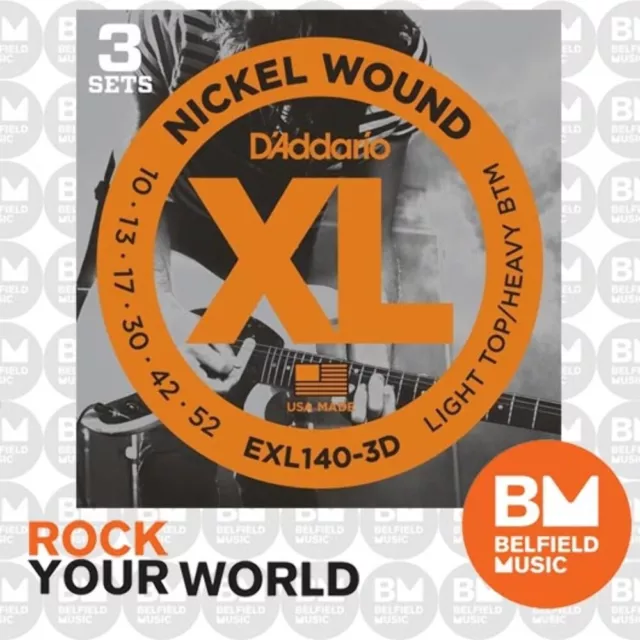 3 Pack of D'Addario EXL140 Electric Guitar Strings XL 10-52 Light Top/Heavy