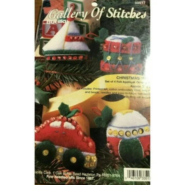 Bucilla Christmas Toys Felt 4 Adornos Sello Kit #33517 Galería de Puntos 1995