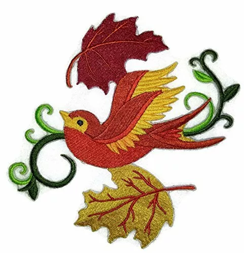 Autumn[ Swallow In Leaves ]Embroidered Iron on/Sew patch [4.84x"5.84"]