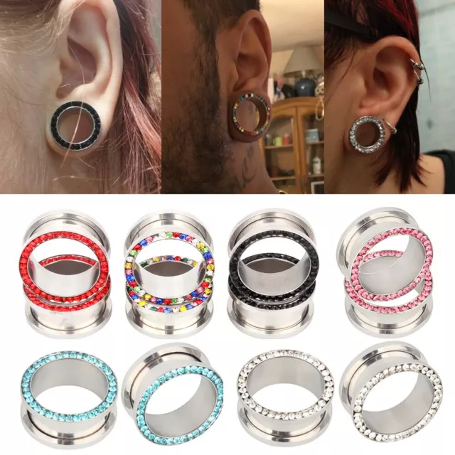 Flesh Schraub Tunnel Plug Ohr Piercing Silber Edelstahl Zirkonia Kristall Farben