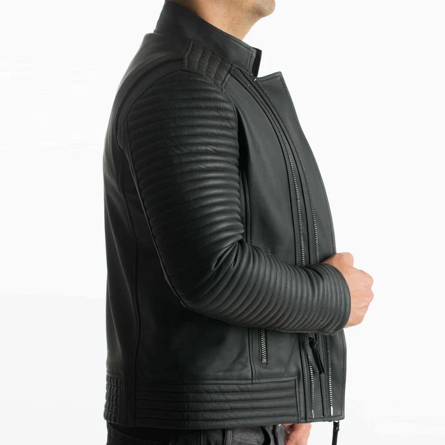 Mens Leather Jacket Black Quilted Genuine Lambskin Biker Motorcycle Jacket - 195 2