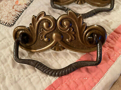 Pair 1900's Era Ornate Brass & Cast Iron Dresser Drawer Pulls, 3" Mt., Free S/H