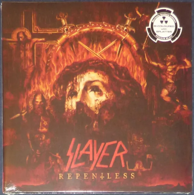 Slayer Repentless on Orange & Black 50 / 50 split with black splatter.