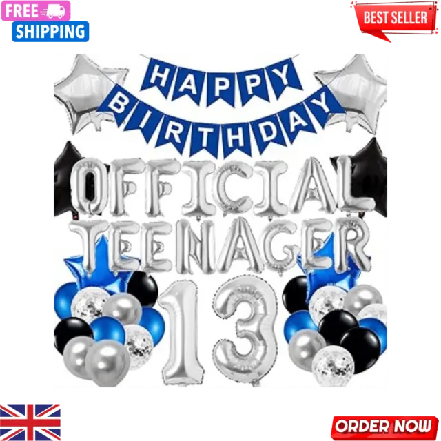 13Th Birthday Decorations Blue Silver Official Teenager Balloons Banner OMG UR a