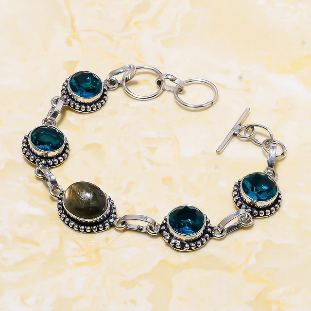 Labradorite, Blue Topaz Gemstone Handmade Gift Bracelet 7-8" F025