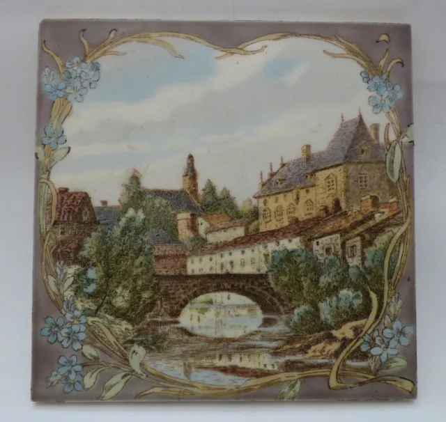 Rare Landscape LONGWY Art Nouveau enameled Tile romantic City scene in Burgundy