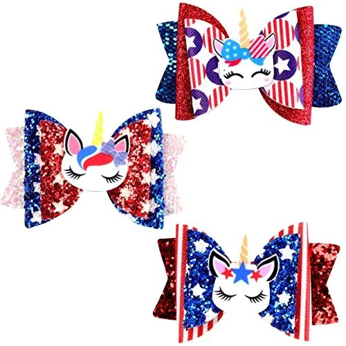 4th of July Unicorn Cheer Bows Hair Clip 3" Toddler Girls Patriotic Red White