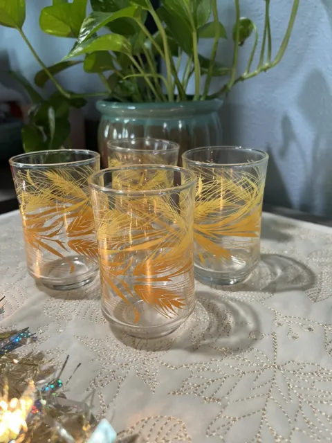 Four Vintage Libbey Golden Wheat Breakfast Orange Juice Glasses 3.5” Tall 1970's