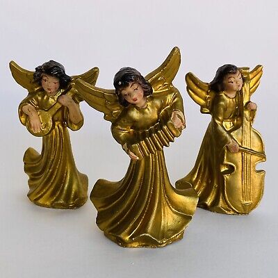3 Vintage Paper Mache Angels Musical Instruments Italy Italian Ornaments w/ Box