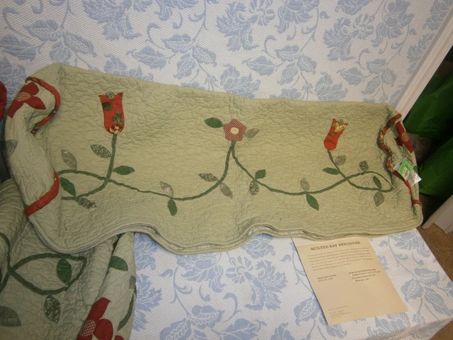 Pr. Round Column Long Pillow Cases New Quilted Green Floral Pattern by Orvis