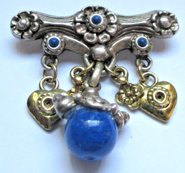Broche Vintage Argent Coeur Pampille Perles Lapis-lazuli - Parfait état