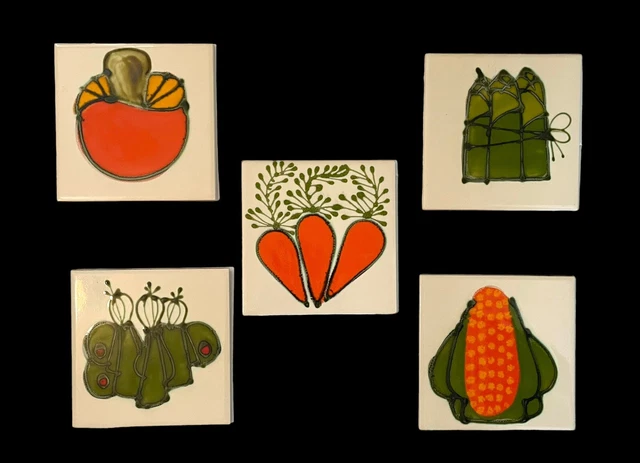 VTG H&R Johnson Ceramic Tile Hanging Vegetable 6”. England. Signed. Set/5 2