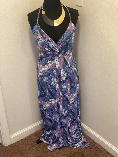 Cynthia Rowley Purple Blue Tie Dye Maxi Dress V Neck Smocked Slit Size XS