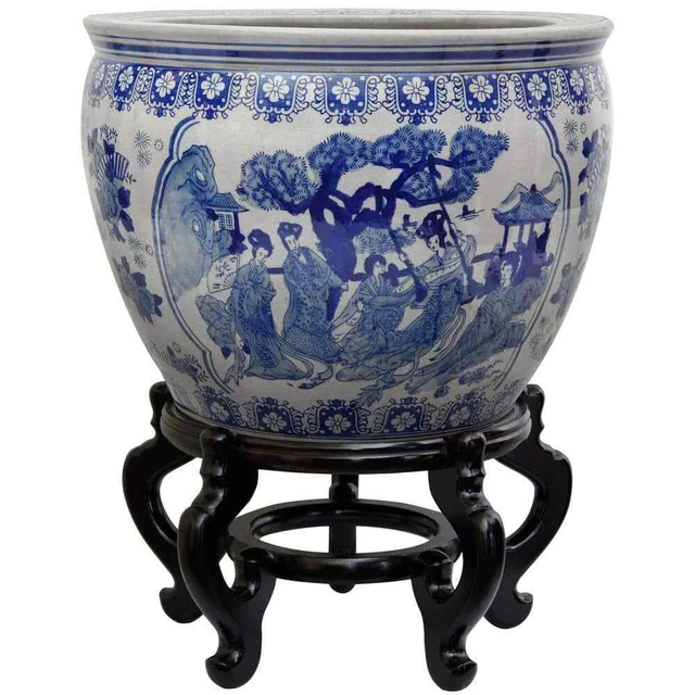 Floor Vase 14 in. Floral Blue and White Porcelain Fish Bowl Bohemian Planter Pot