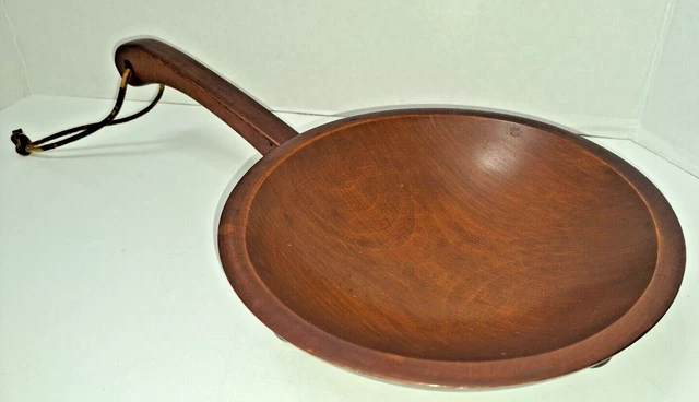 MUNISING Footed Brown Wooden Bowl w/ Handle Wood Handled Serving Dish Vintage