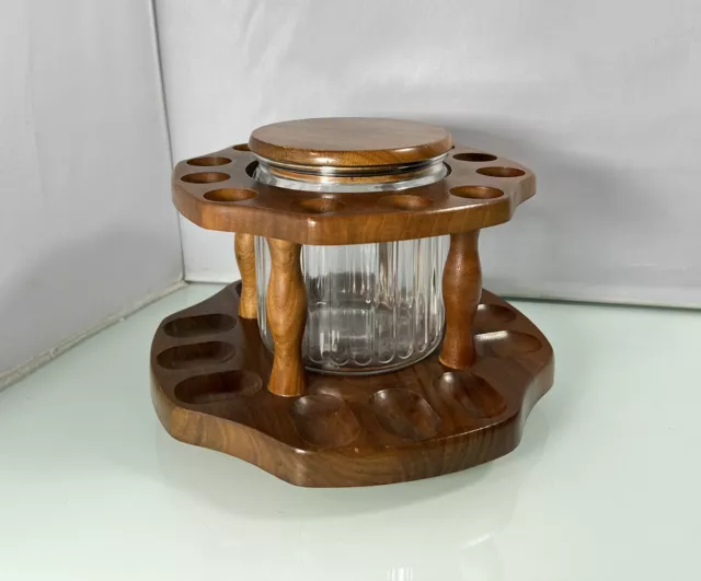Vintage Aztec Real Wood 12 Tobacco Pipe Stand w/ Glass Jar & Lazy Susan Base