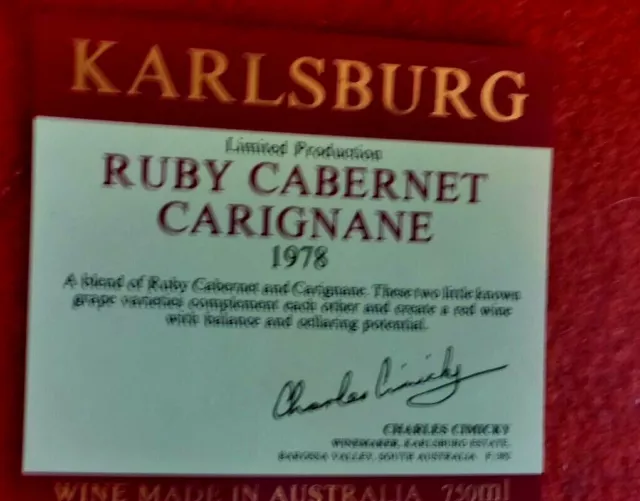 Karlsburg  Ruby Cabernet Carignane Wine Label 1978