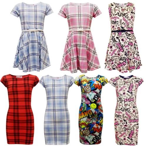 Bambine Tartan Azteco Floreale Aderente Midi & Pattinatrice Abito 7 8 9 10 11 12