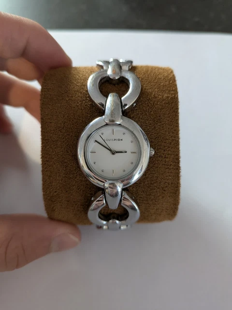 Montre Femme Louis Pion Style Chopard Occasion - Boîtier Argenté, Bracelet Simili Cuir Noir, étanche 30m, Quartz
