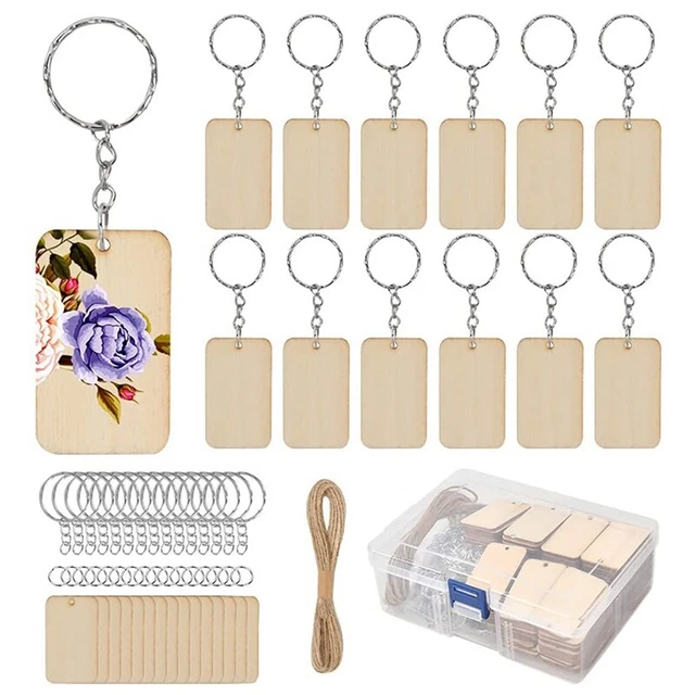 80-teiliges leer rechteckiges Holz-Schlüsselanhänger-Set, 80-teiliges Schlüsselanhänger-Set und Jute7300