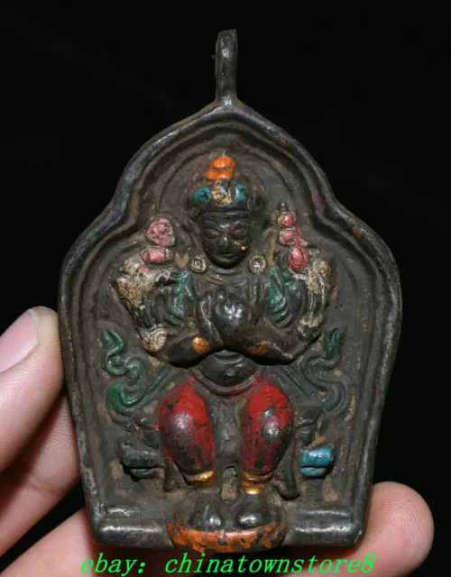 3.1" Old Tibet Bronze Painting Happy Maitreya Goddess Buddha Amulet Pendant
