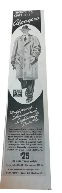 Vintage 1939 Aloagora Coat Printed Ad 2.75” X 13” C.05