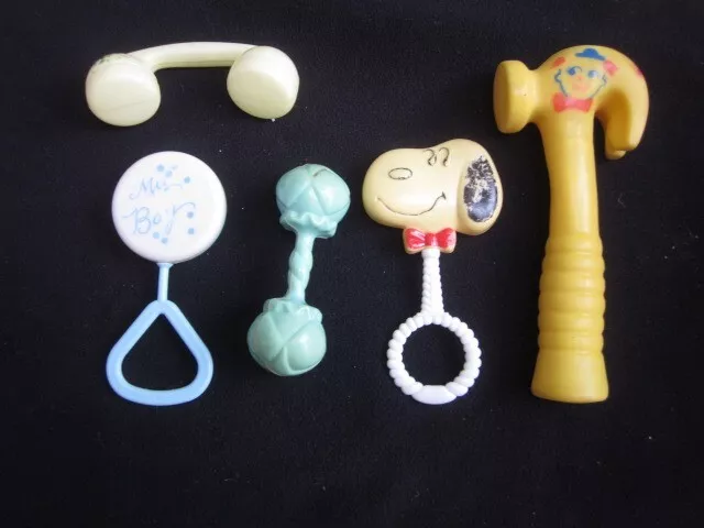 Lot of 5 Vintage Baby Rattles, Snoopy,Phone,Boy, Sanitoy Hammer, Blue Barbell