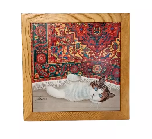 Vintage 1982 Lowell Herrero Cat Under Colorful Rug Tile Trivet Hanging Wall Art