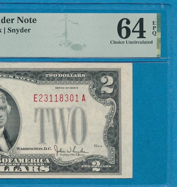 $2.00 1928-G  Red Seal  Pmg Choice  New 64Epq Legal Tender United States Note