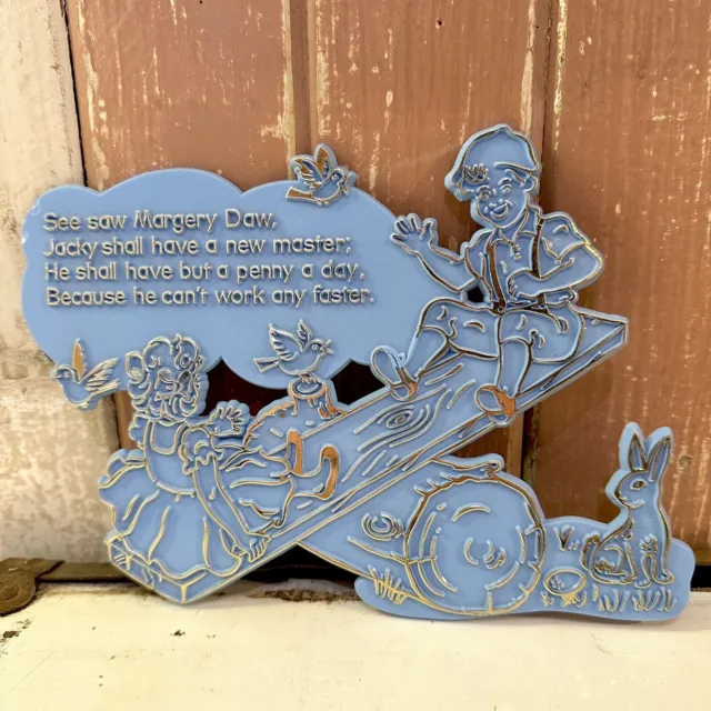 Vintage Nursery Rhyme Wall Hanging Blue And Gold 1969 Plastic Kitschy Cute