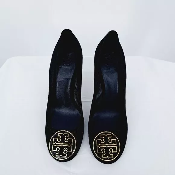 Tory Burch Black Suede Chunky Block Heel Gold Trim Medallion Pumps