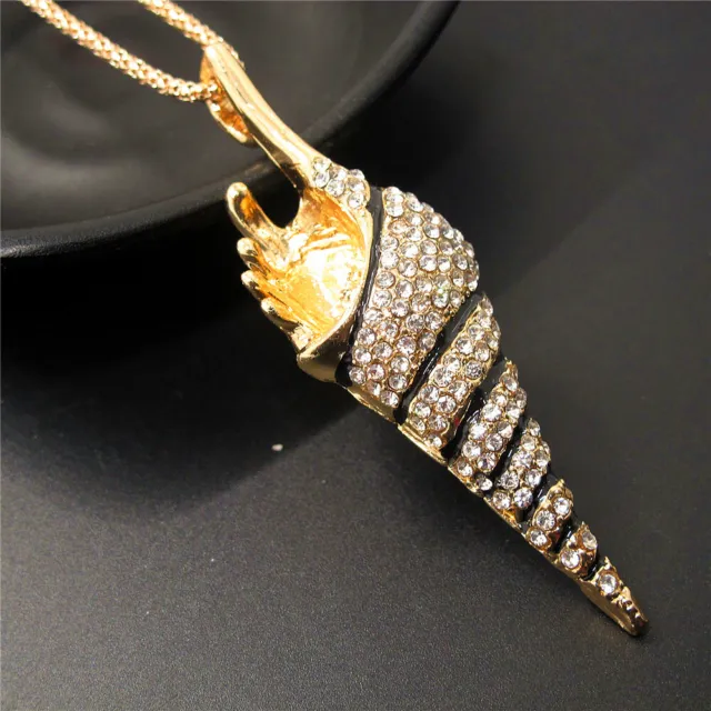 Fashion Women Bling Rhinestone Cute Conch Crystal Pendant Chain Necklace