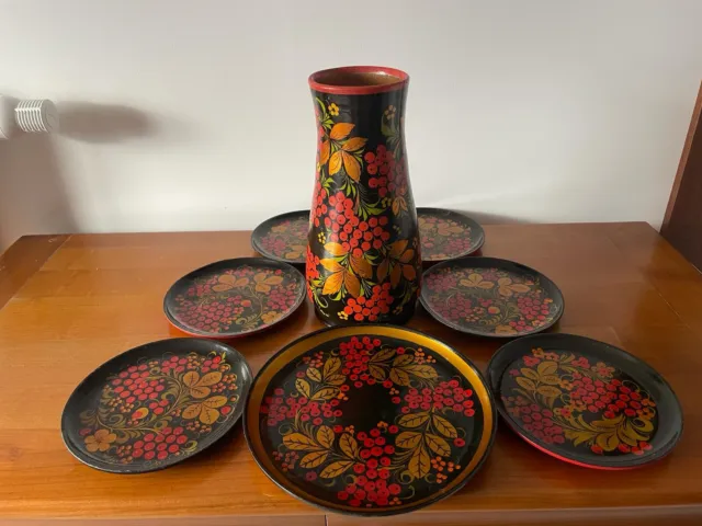 Lot Grand Vase, Assiettes, Vintage, Khokhloma URSS, bois laqué peint main