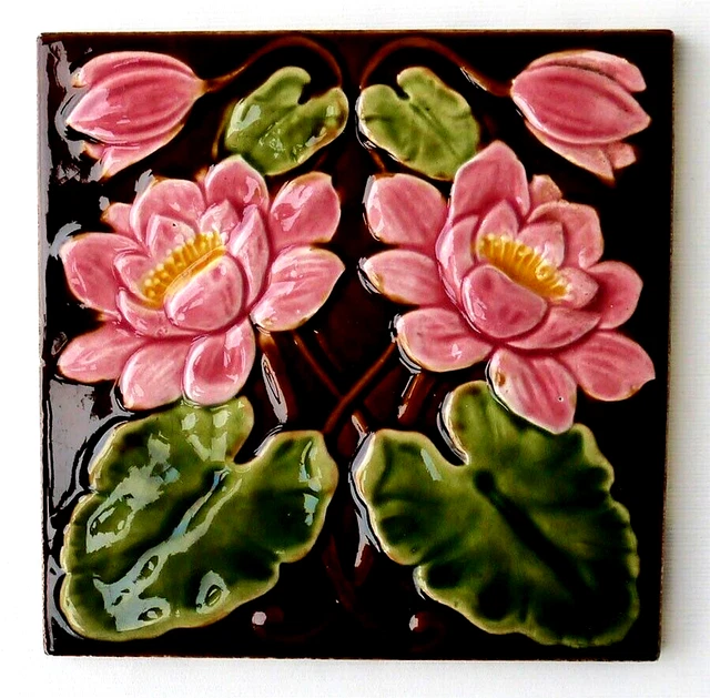 Original  6" x 6" Antique High Relief Majolica Water Lily Art Nouveau Tile. Mint