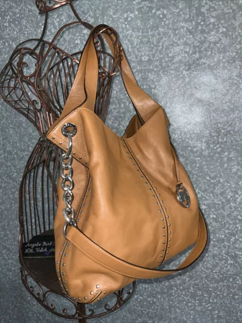 MICHAEL KORS Uptown Astor  Leather Studded  Hobo Luggage Tan